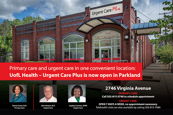 Virginia Ave Urgent Care - Postcard, which read, "Primary care and urgent care in one convenient location: UofL Health - Urgent Care Plus is now open in Parkland. 2746 Virginia Avenue, Primary Care: Call 502-815-0740 to schedule appointment. Urgent Care: Open 7 Days a Week, no appointment necessary. Telehealth visits are also available by calling 502-815-7040."